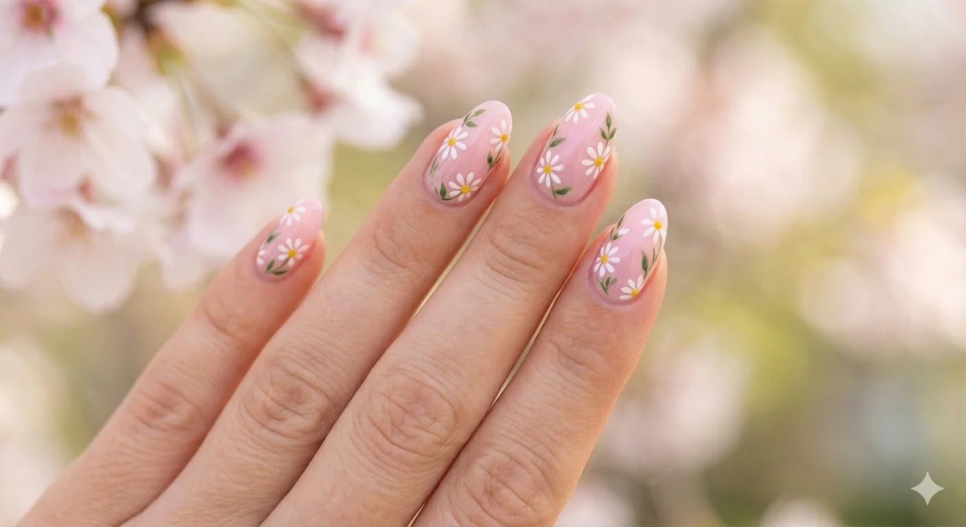 pink floral spring nail design