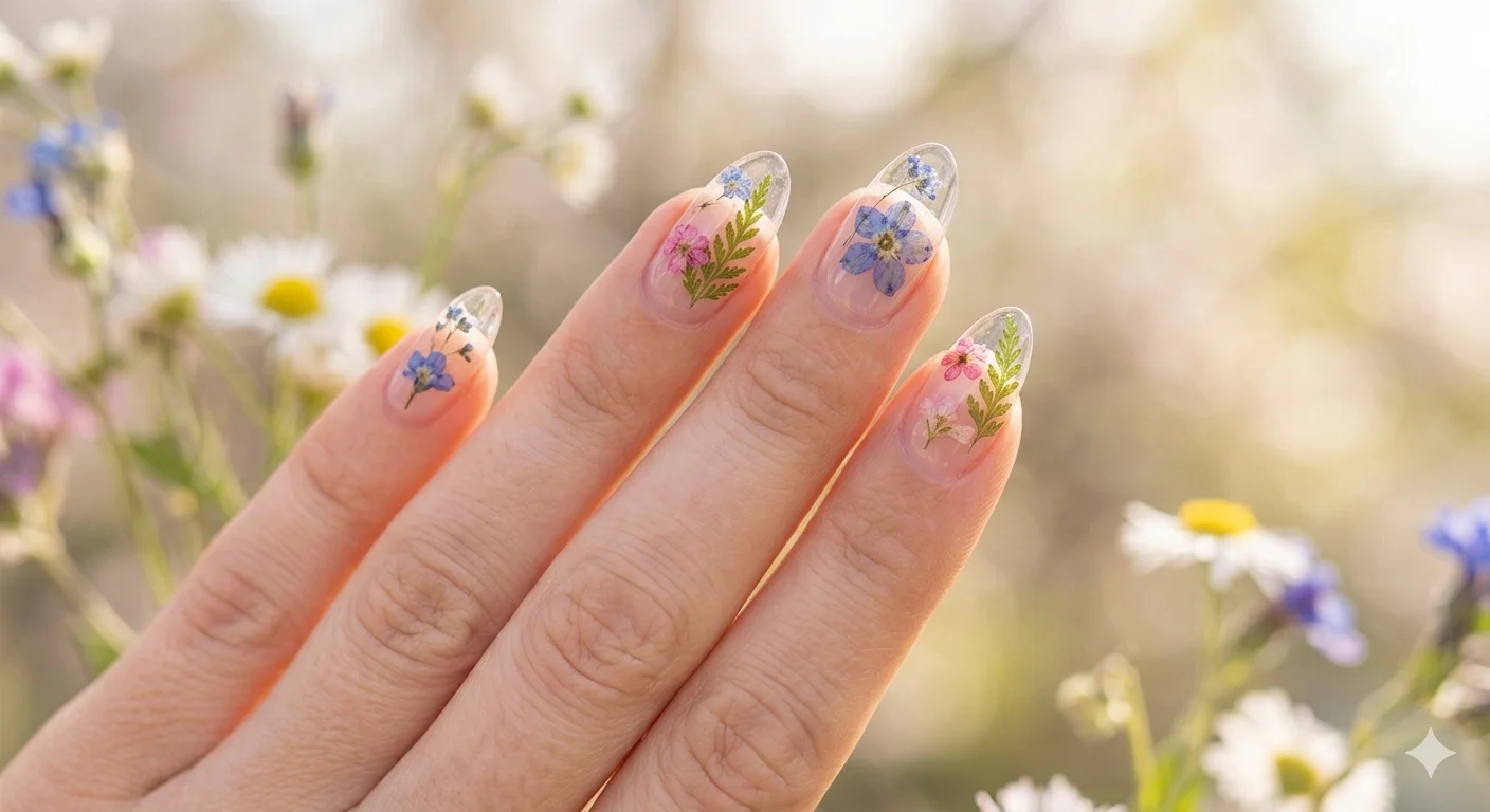 clear nails with flowers spring
