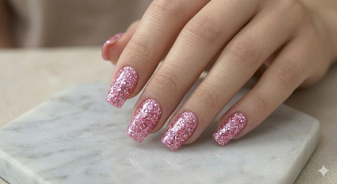 pink glitter acrylic nails