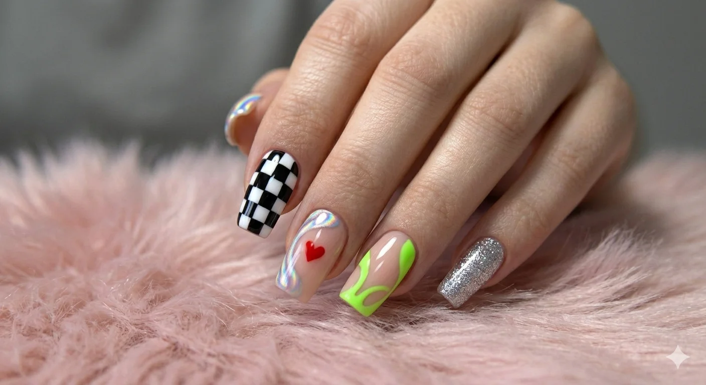 mixed design acrylic nails