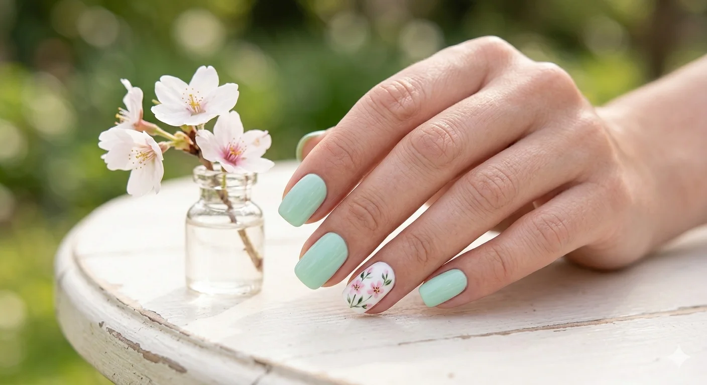 mint green floral spring nail ideas