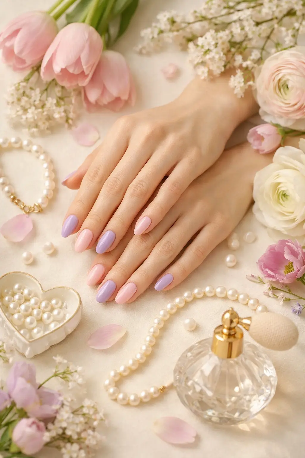 elegant hands with pink and lavender spring nail art surrounded by fresh flowers