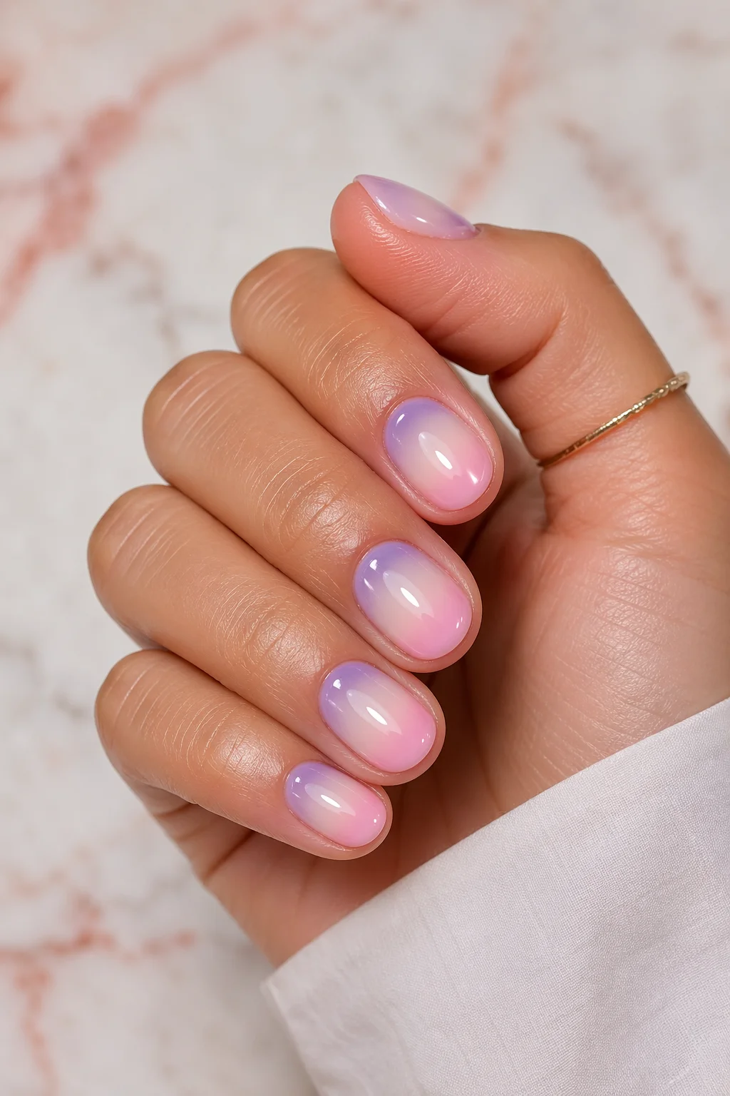 aura short nails pastel lavender pink halo gradient glow on short oval nails 2026