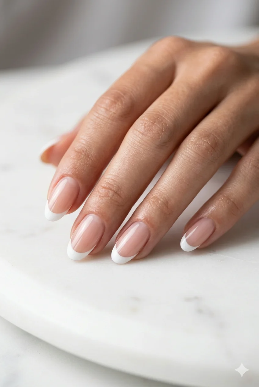 classic white French tip nails with sheer nude base and ultra-gloss finish – timeless French manicure 2026