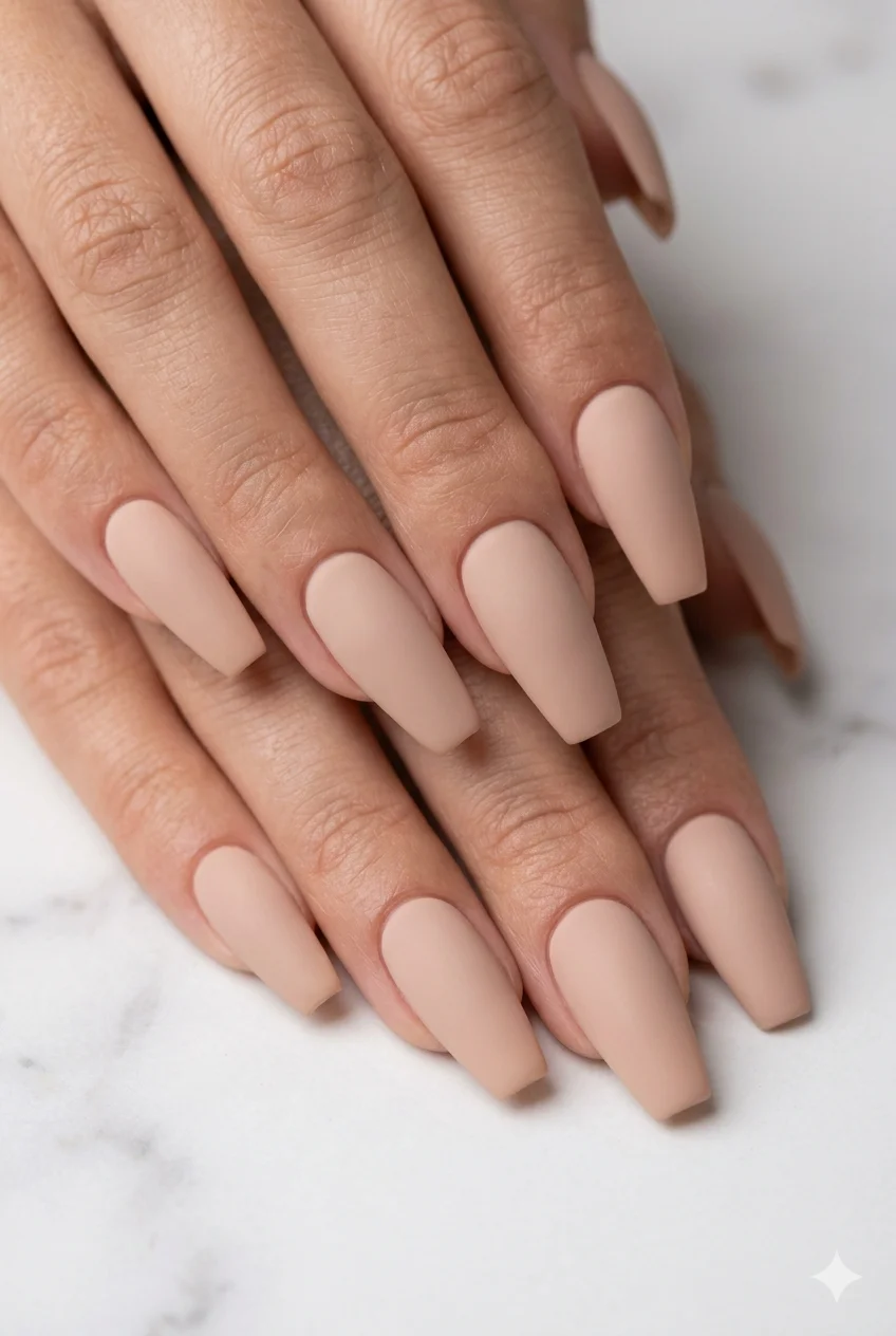 matte nude beige coffin nails with velvety finish on white marble – 2026 nail trend