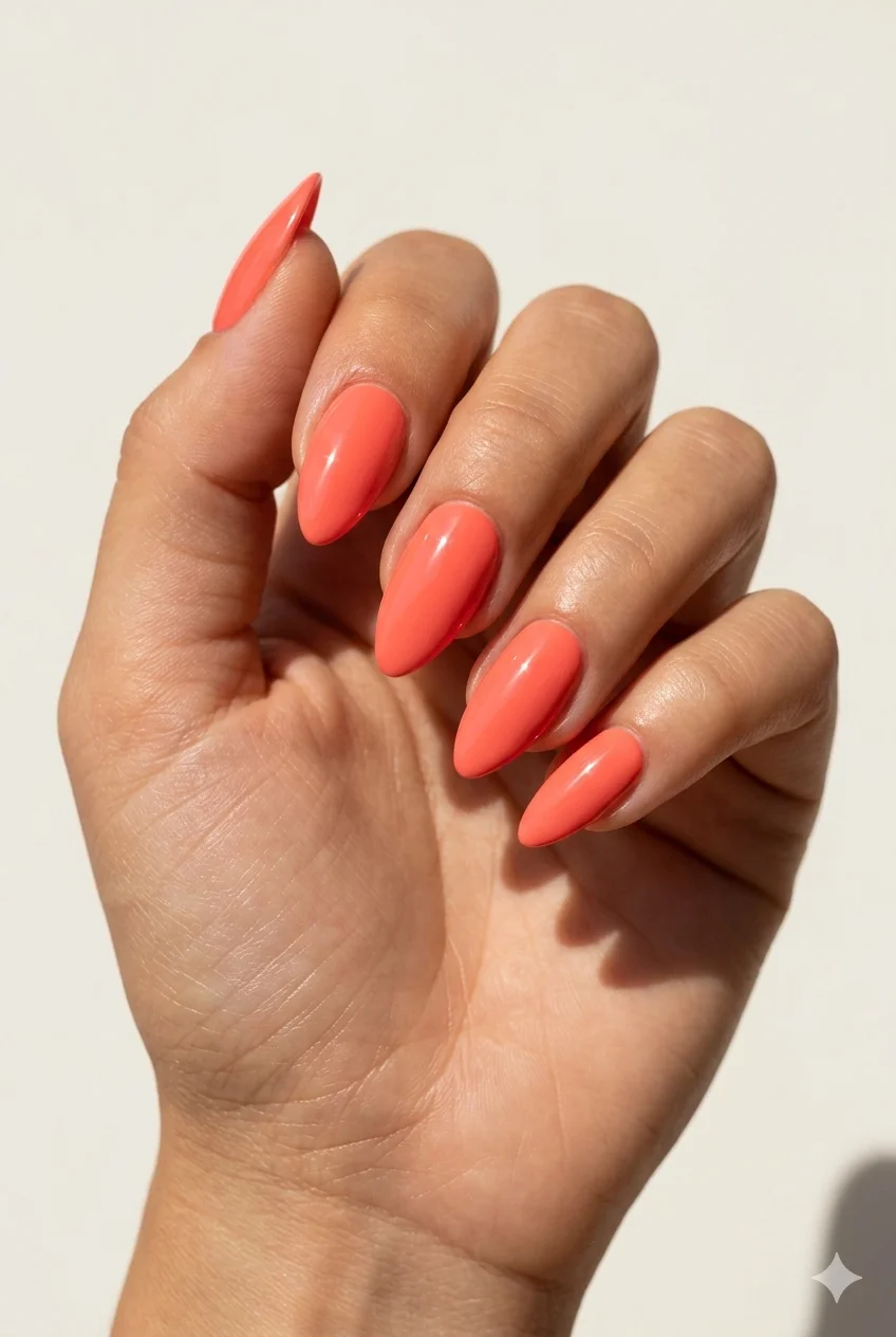 coral summer nails glossy almond shape 2026