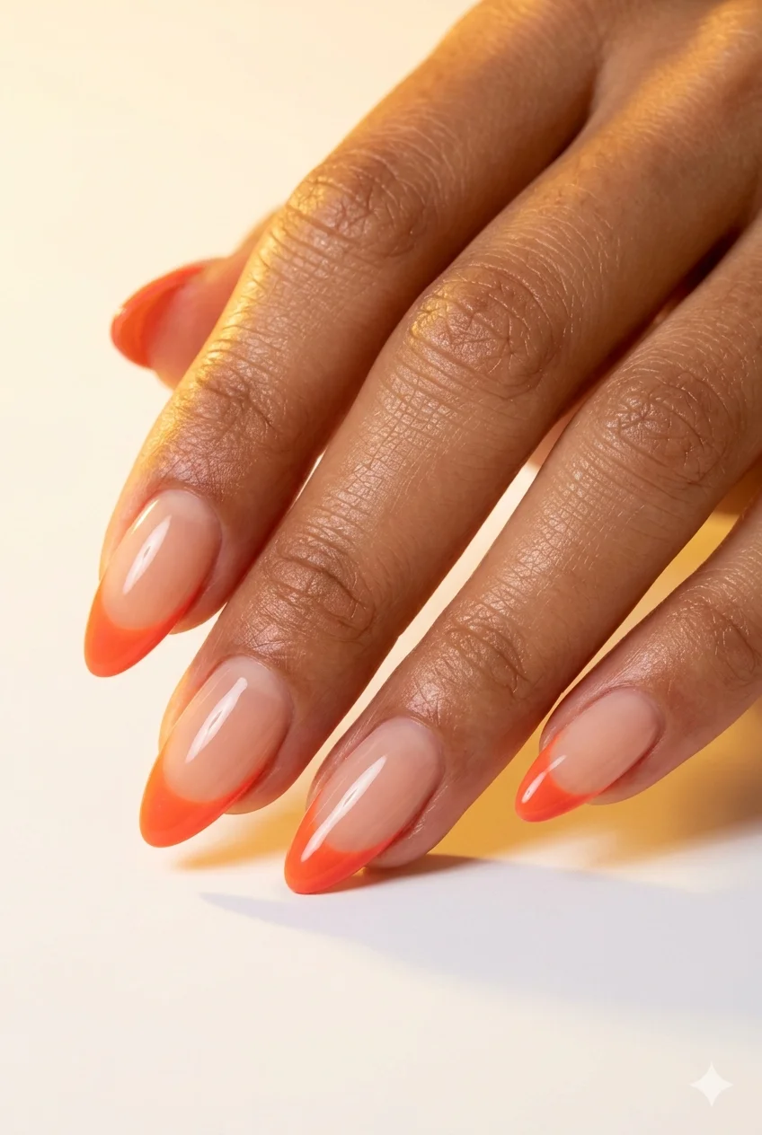 coral French tip nails warm vibrant orange-pink sheer base summer manicure 2026