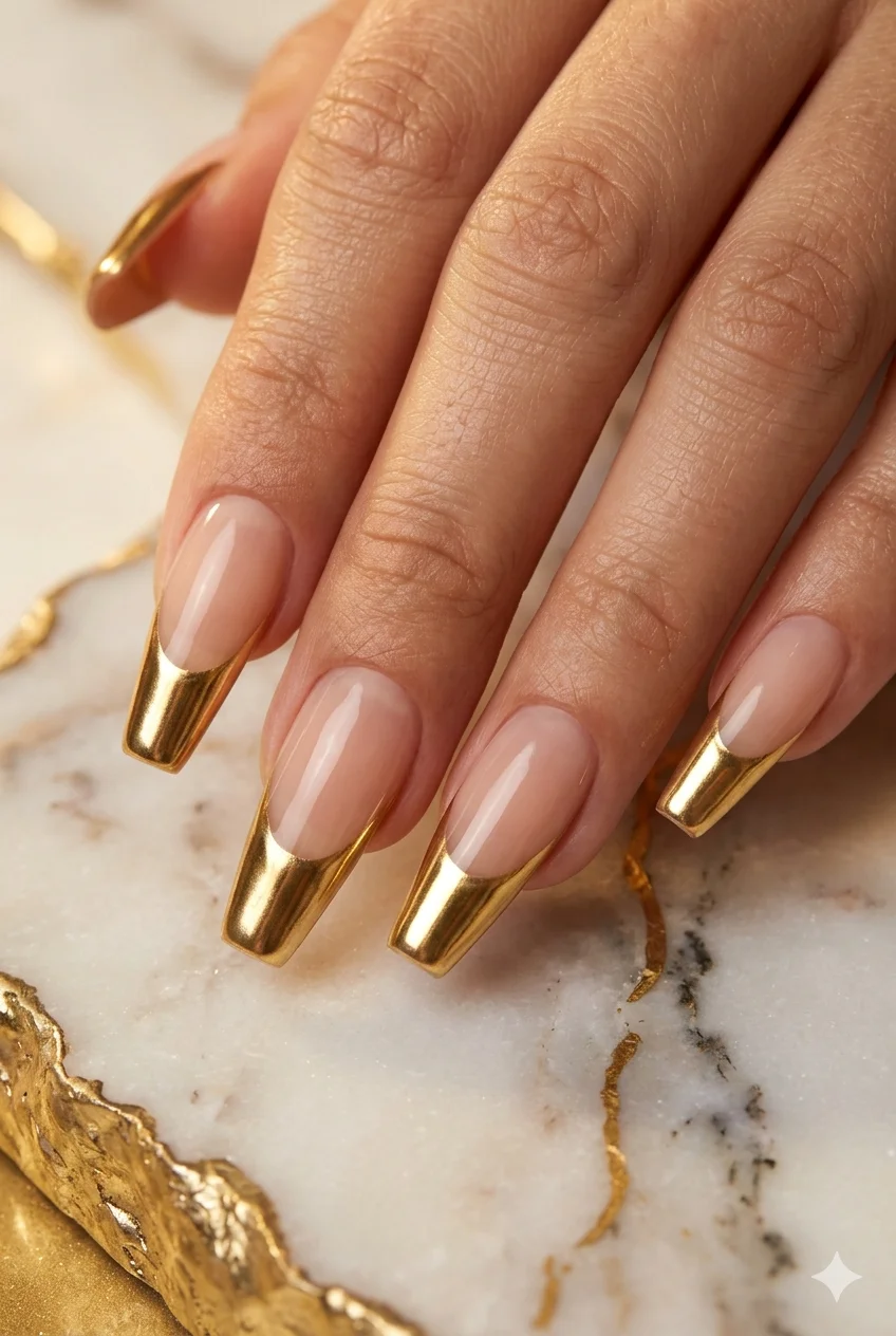 gold chrome French tip coffin nails liquid gold metallic luxury nude base 2026