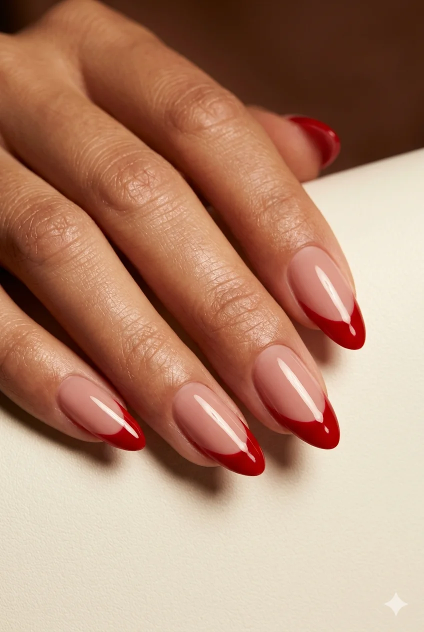 red French tip nails bold glossy rose nude base dramatic feminine manicure 2026