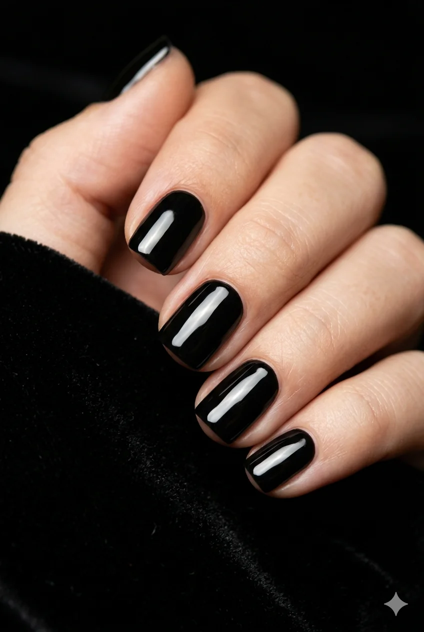 short black acrylic nails midnight black ultra-gloss bold and dramatic on short square acrylics 2026