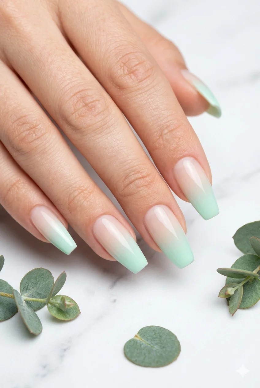mint ombre French tip coffin nails nude to mint gradient soft seamless fade 2026