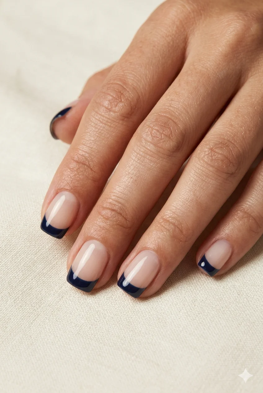 navy blue French tip nails deep dark sheer base preppy cool-girl manicure 2026