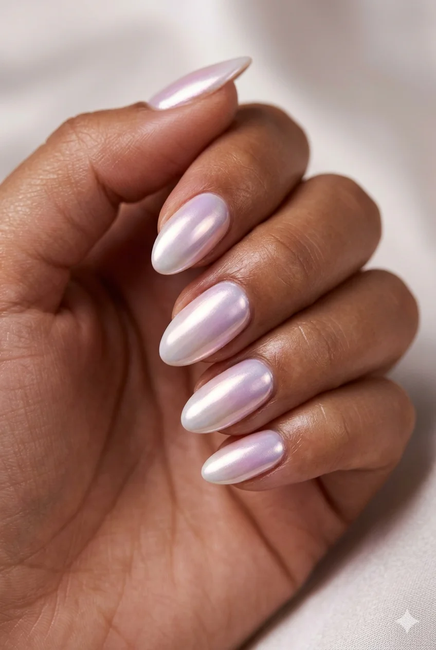 short almond nude nails skin-matched warm beige glossy elongating effect on short almond shape 2026