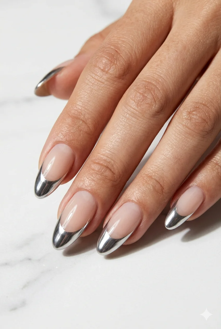 silver chrome French tip nails mirror metallic sheer nude base modern manicure 2026