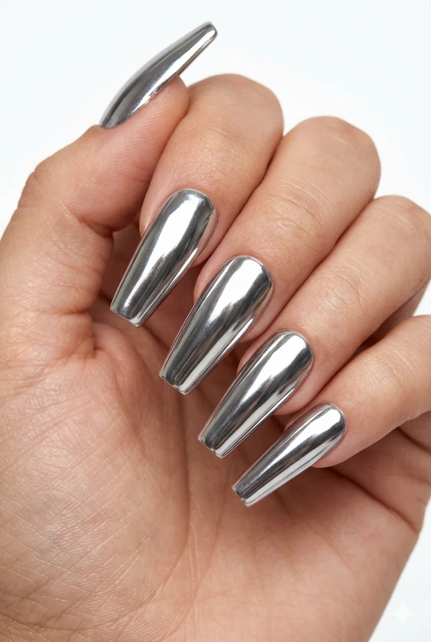 silver mirror chrome coffin nails ultra-reflective full metallic finish futuristic 2026