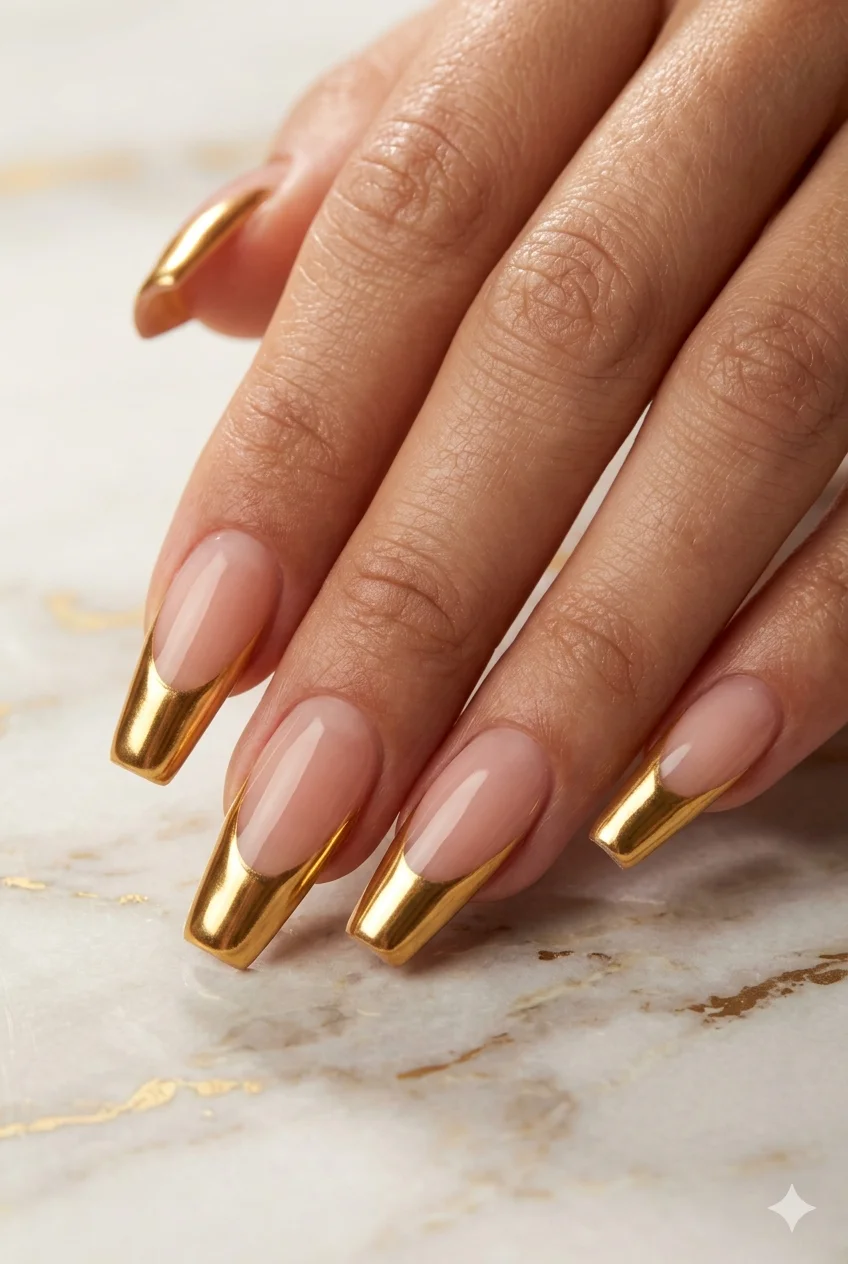 gold chrome French tip nails liquid gold metallic warm nude base luxury manicure 2026