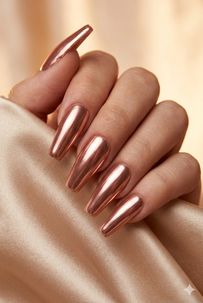 rose gold molten chrome coffin nails warm pink gold diffused metallic liquid metal 2026