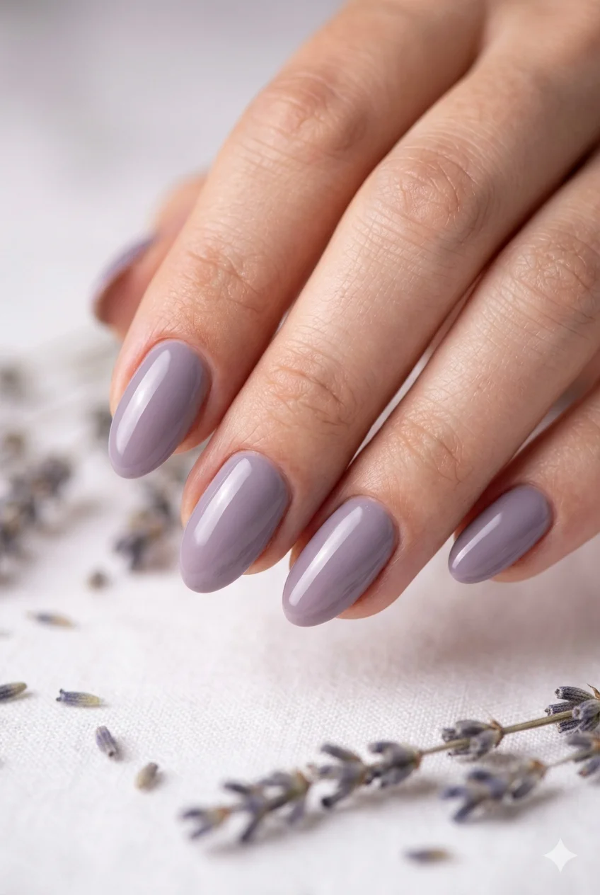 short almond lavender nails soft dusty lavender glossy gel on short almond shape elegant 2026