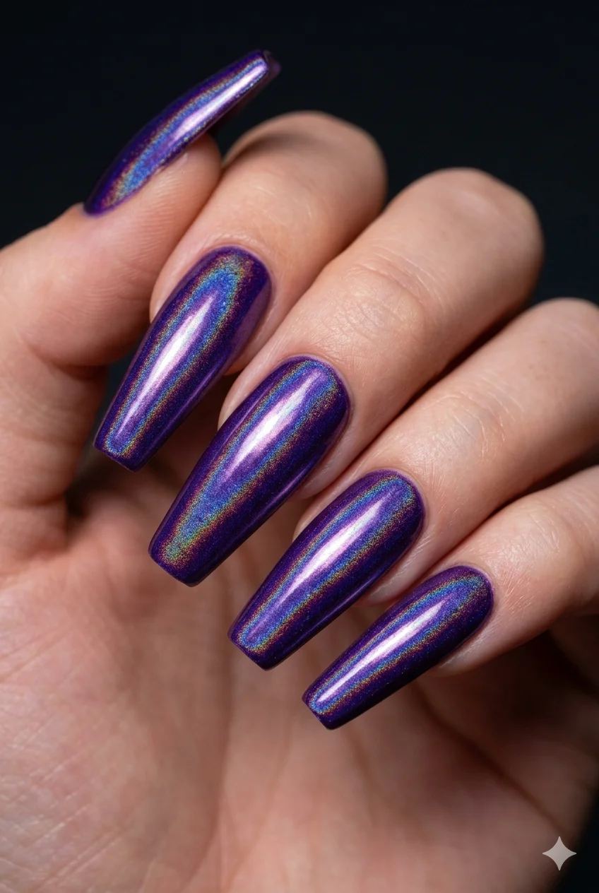 holographic purple chrome coffin nails color-shifting rainbow iridescent deep violet 2026