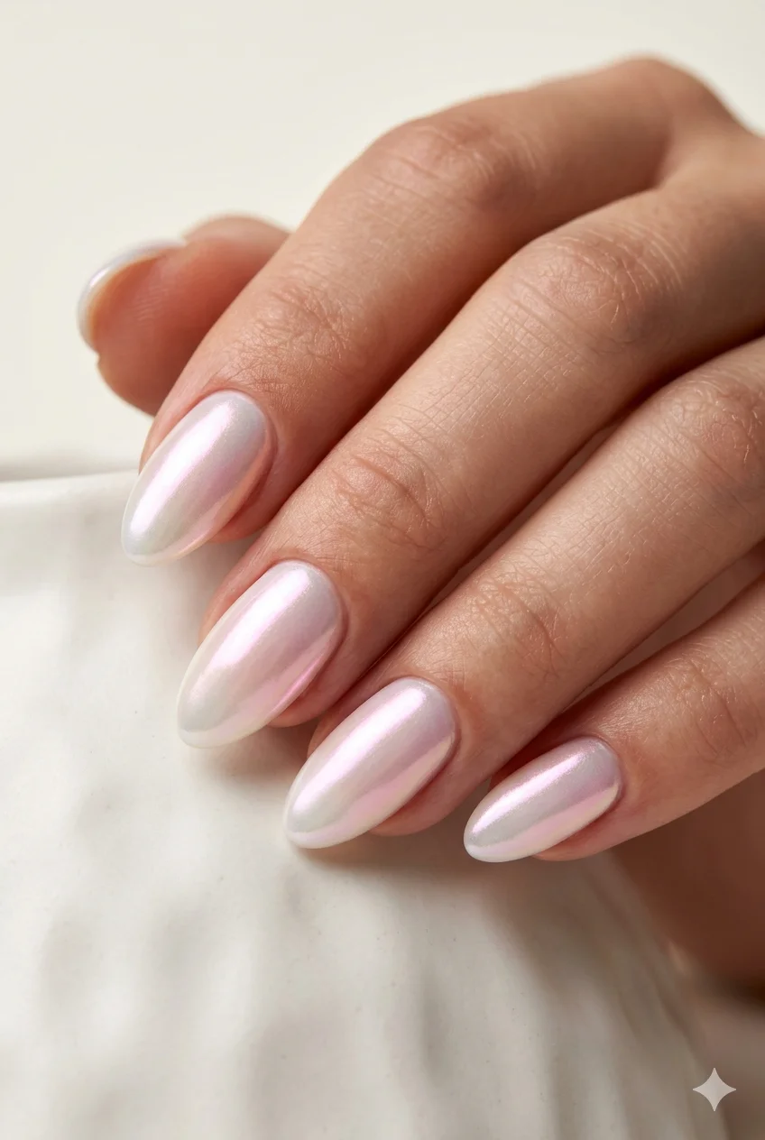 short almond pearl chrome nails iridescent shimmer catching light on short almond curved sides 2026