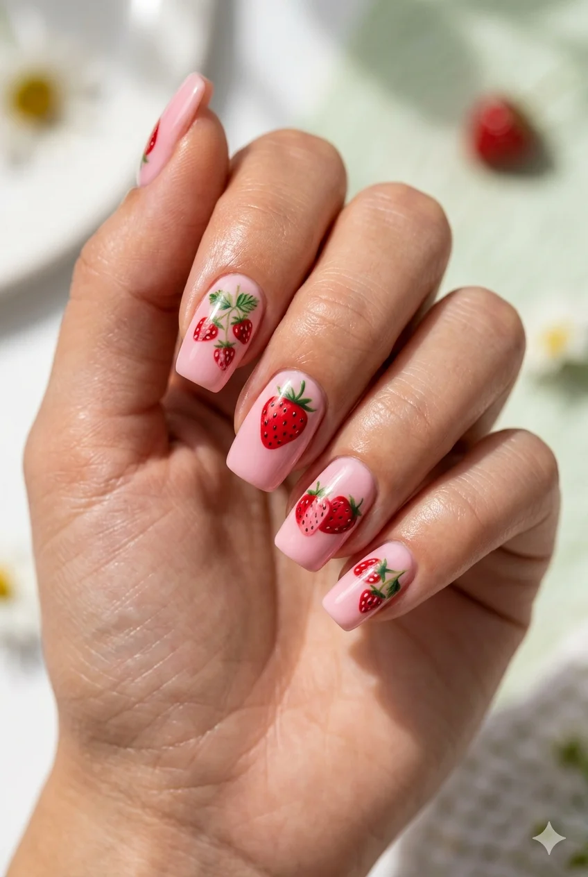 strawberry pink summer nail design 2026