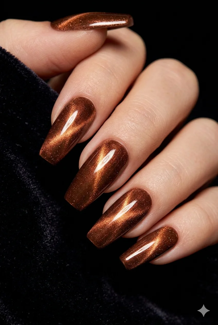 cat eye copper magnetic coffin nails glowing streak 3D depth illusion rich brown 2026