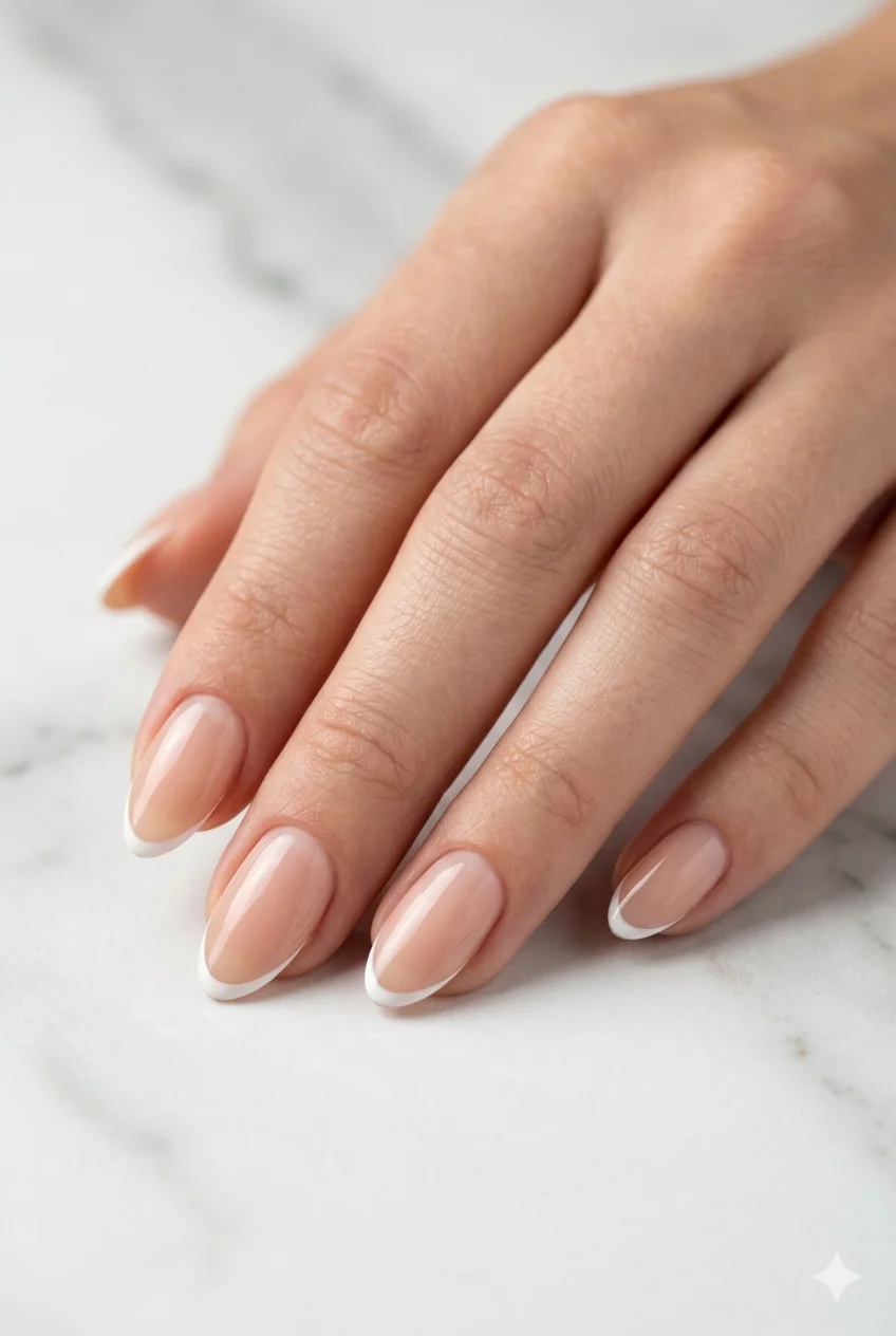 short almond micro French nails ultra-thin razor-fine white tip on short almond elongating 2026