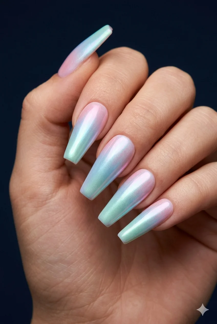 aurora ombre chrome coffin nails northern lights pink blue mint color shift ethereal 2026