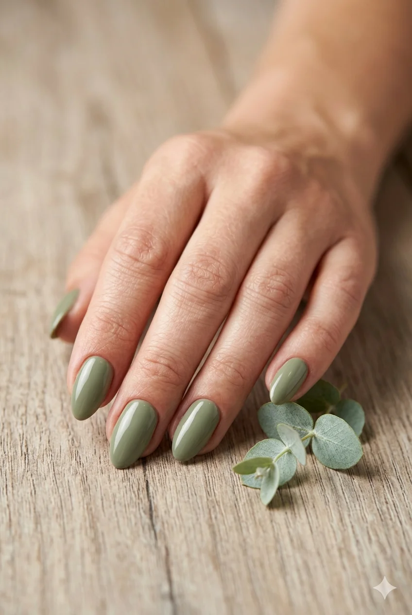 short almond sage green nails muted earthy sage glossy on short almond shape wabi-sabi 2026