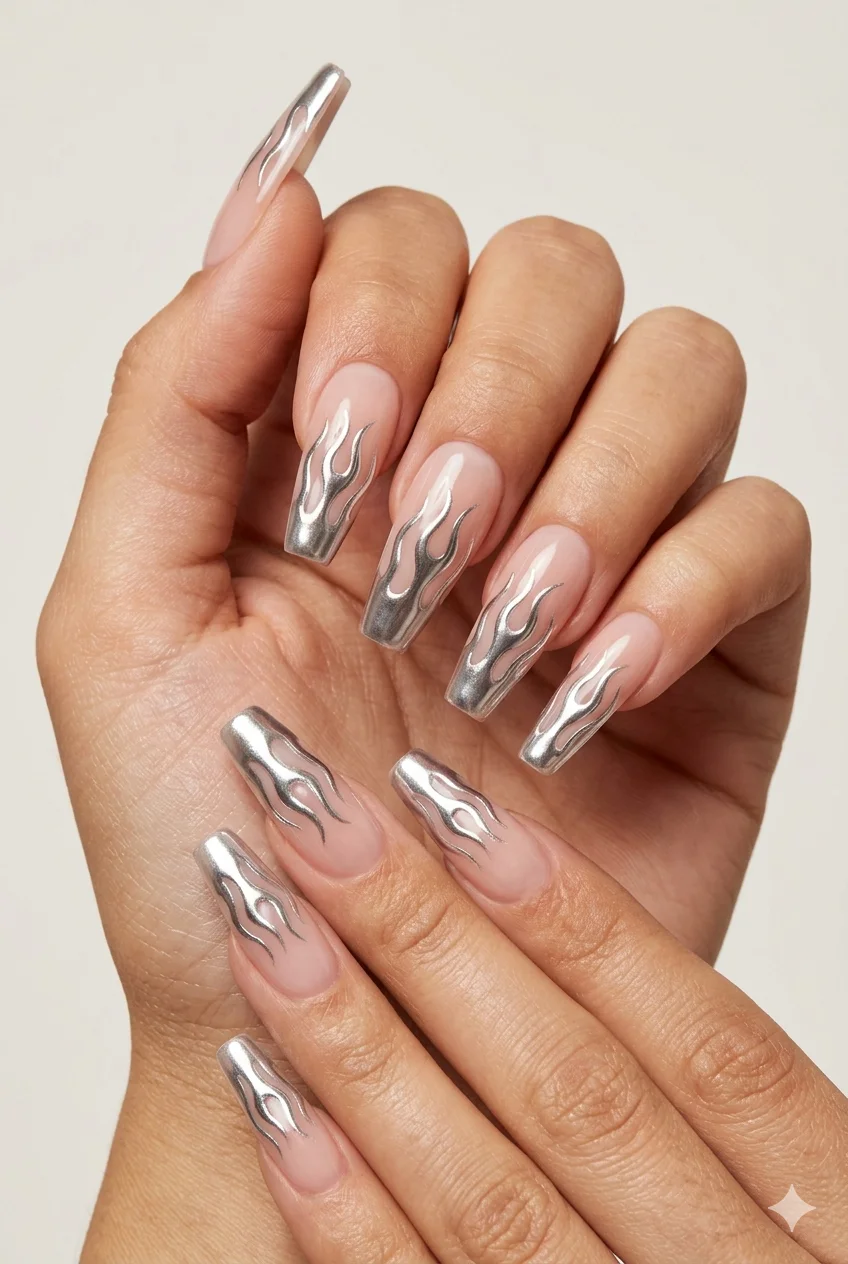 chrome flame coffin nails silver metallic flames rising from tips nude base edgy 2026