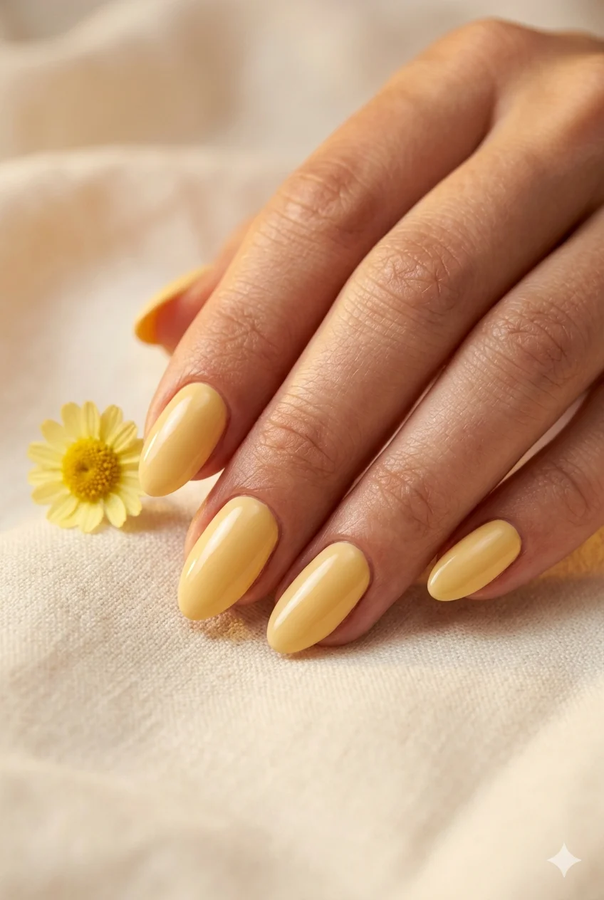 short almond butter yellow nails creamy warm butter yellow glossy on short almond shape 2026