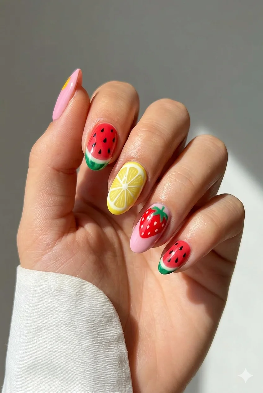 mixed fruit confetti summer nail art 2026