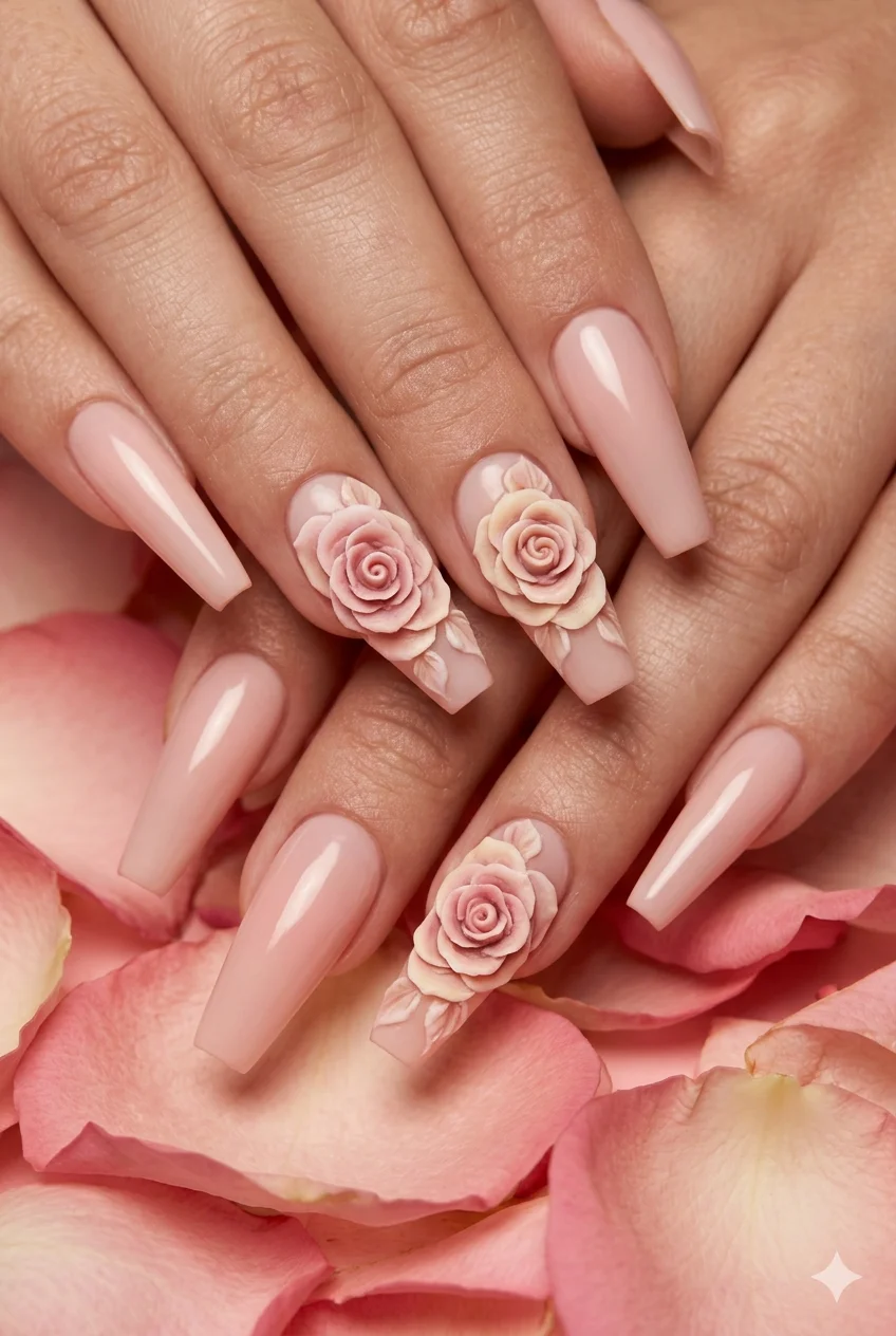 3D rose floral coffin nails sculpted gel roses blush nude base dimensional nail art 2026