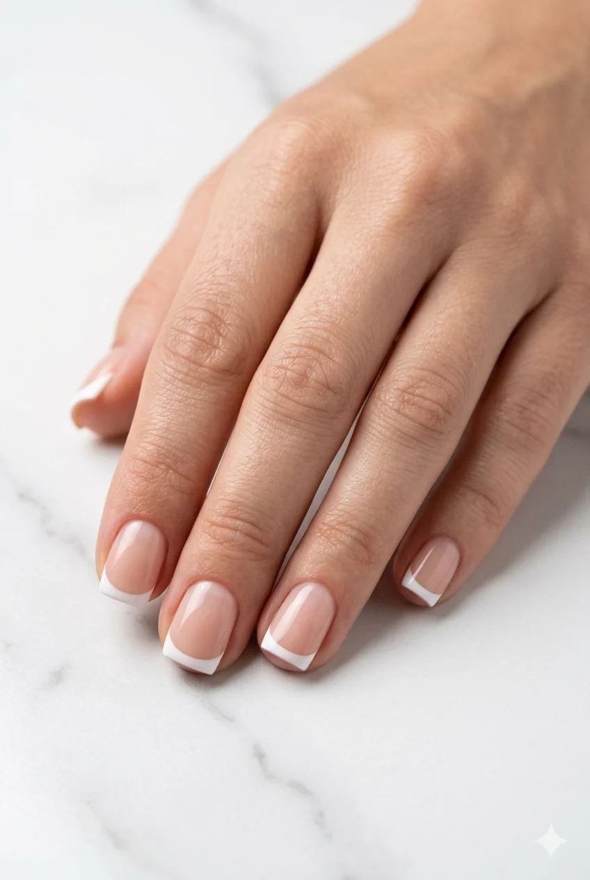 short square French tip nails classic white tip clean smile line on short square flat free edge 2026