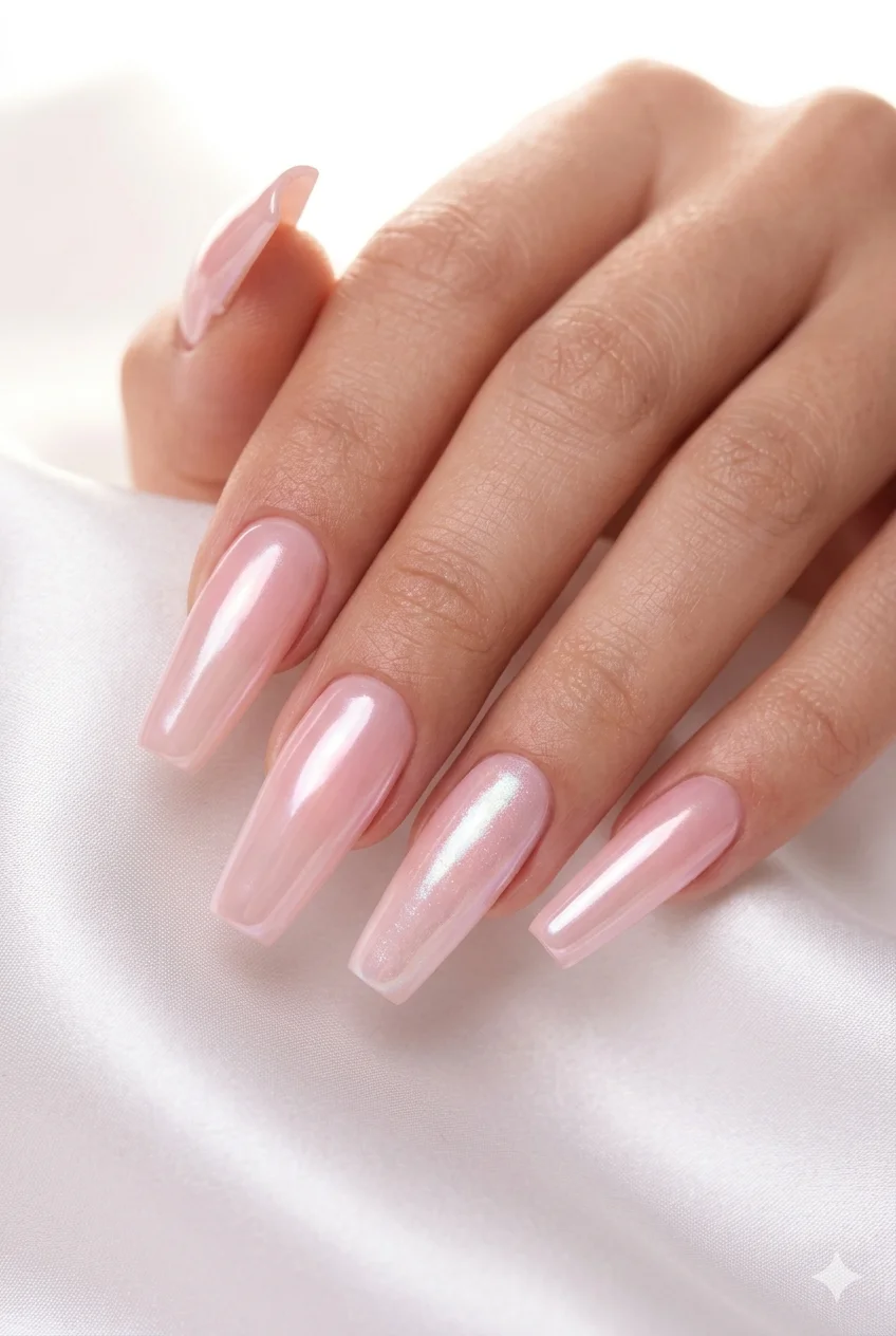 glazed pink chrome coffin nails with pearlescent gloss finish – glazed donut nail trend 2026