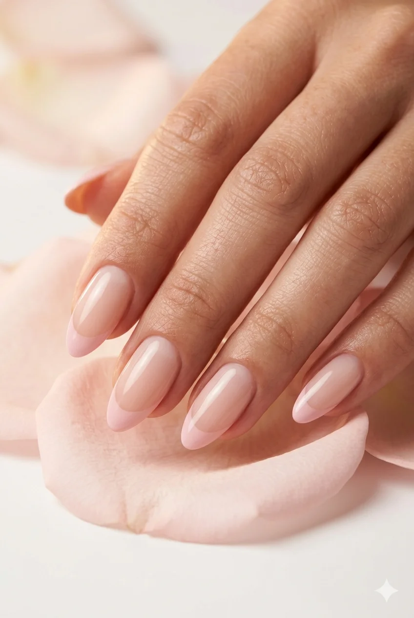 soft blush pink French nails ideas with sheer milky base feminine romantic manicure 2026