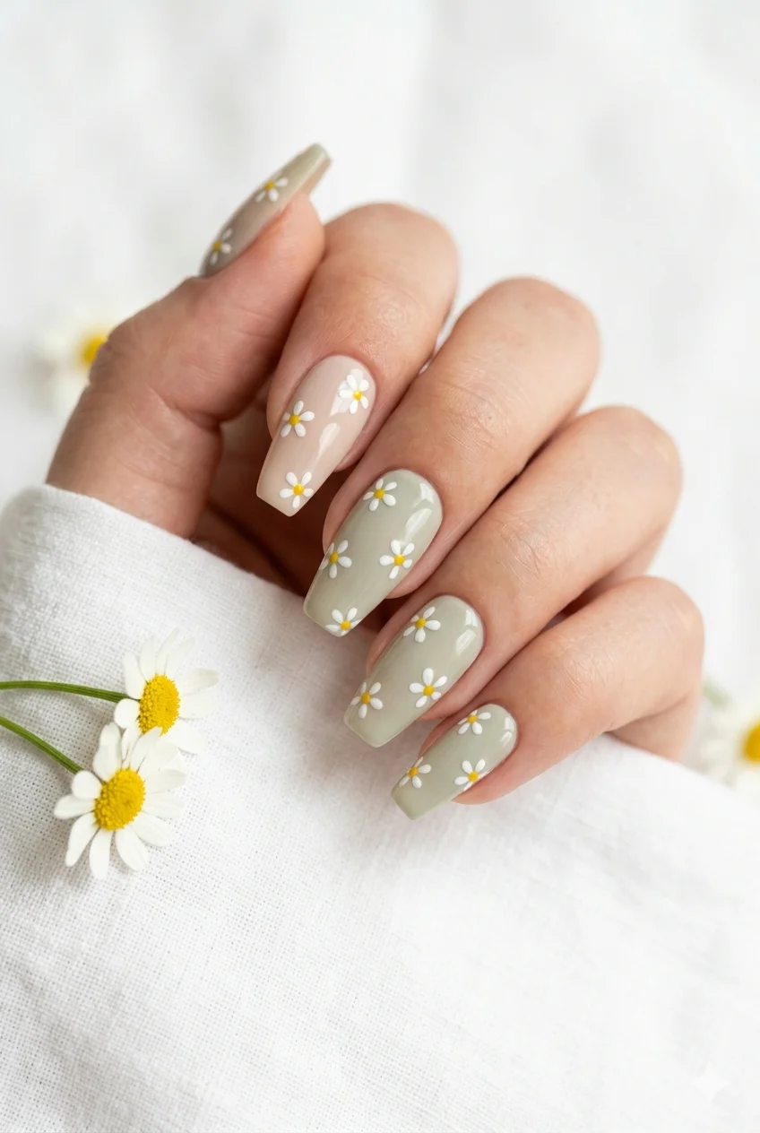 daisy floral nail art coffin nails white daisies sage green nude base botanical 2026