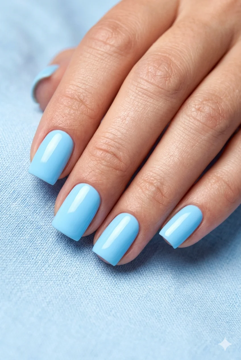 short square baby blue nails solid pastel sky blue graphic flat edge on short square nails 2026