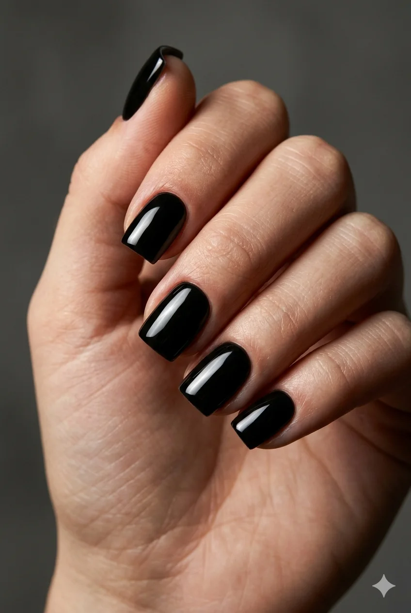 short square black nails midnight black glossy architectural flat square edge on short square nails 2026