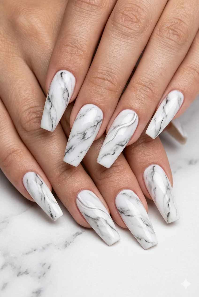 white marble swirl coffin nails grey veining artistic luxury stone pattern 2026