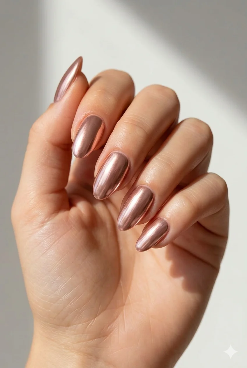 rose gold chrome glazed summer nails 2026