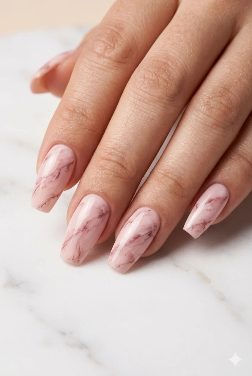 pink marble coffin nails blush rose dusty pink veining feminine romantic 2026