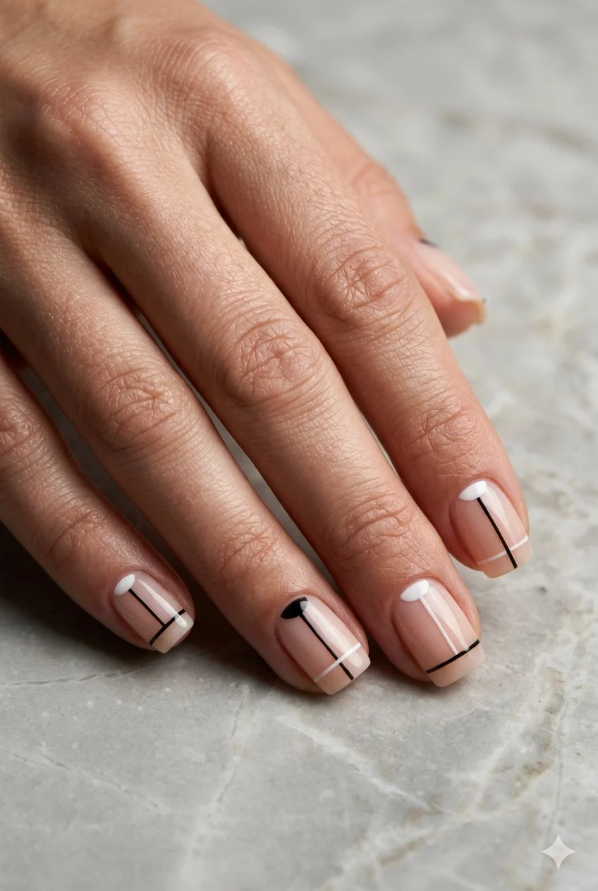 short square geometric nails thin line art half-moons negative space on short square nails 2026