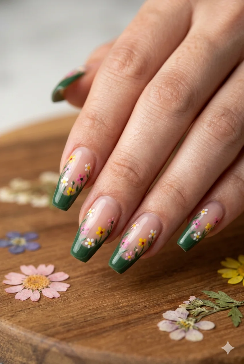 botanical green tip coffin nails forest green with floral details earthy wabi-sabi 2026