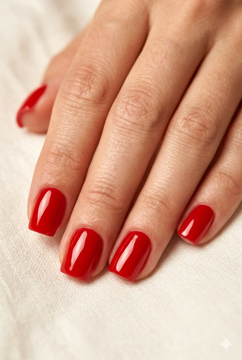 short square red nails classic bold red ultra-gloss on short square flat free edge 2026