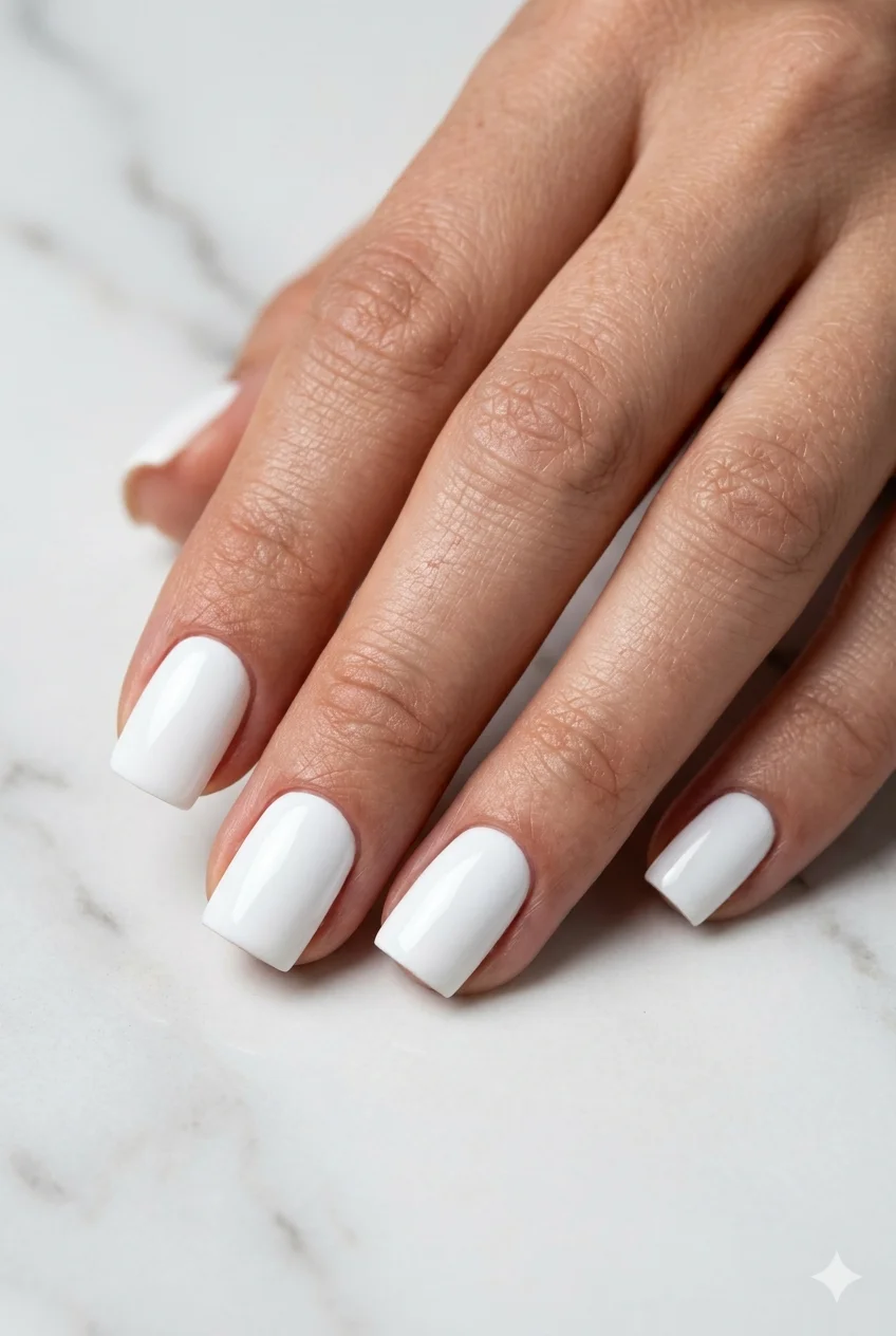 short square white nails crisp opaque white ultra-gloss clean graphic on short square nails 2026