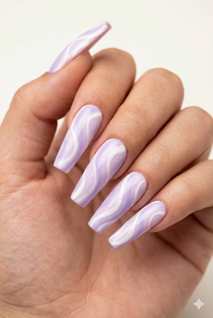 soft swirl art coffin nails pastel lavender white flowing brushstrokes vertical design 2026