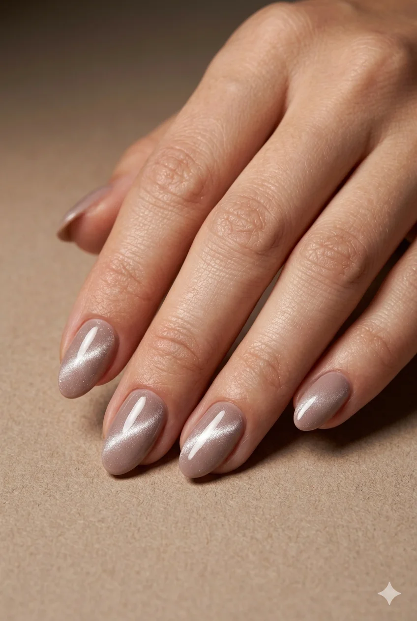 short cat eye gel nails soft taupe silver magnetic glowing streak 3D effect on short almond gel 2026