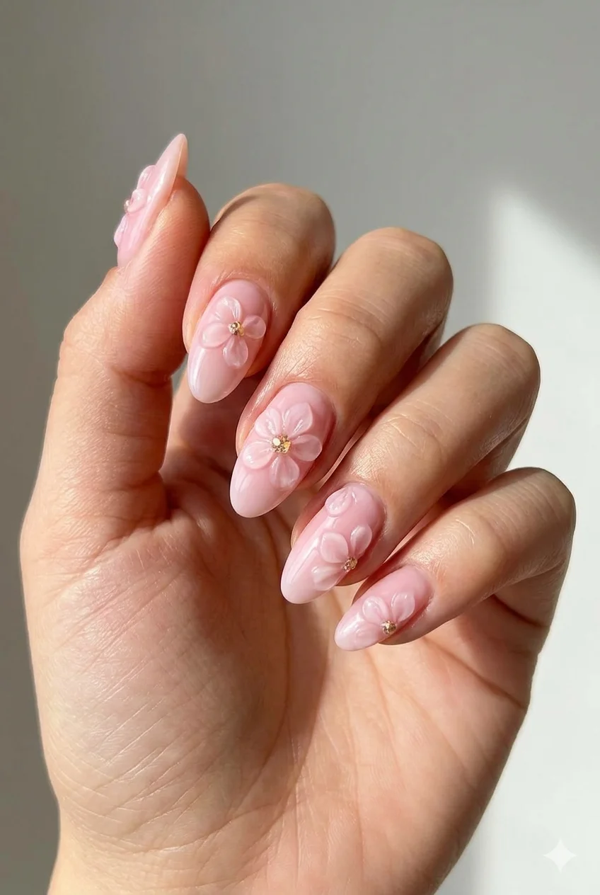 pink floral summer nails 3D flowers 2026