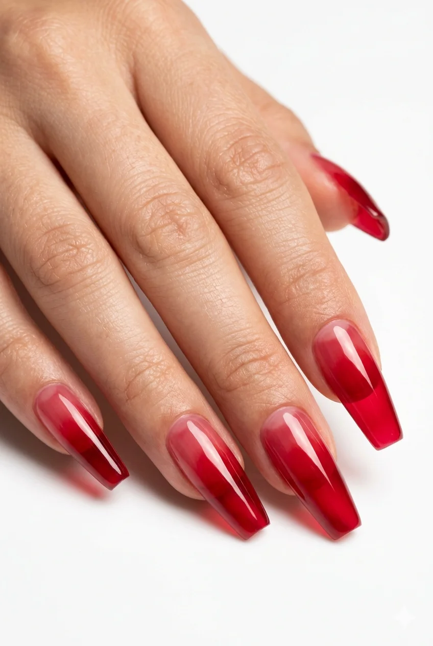jelly cherry red coffin nails semi-transparent glassy depth layered red polish 2026